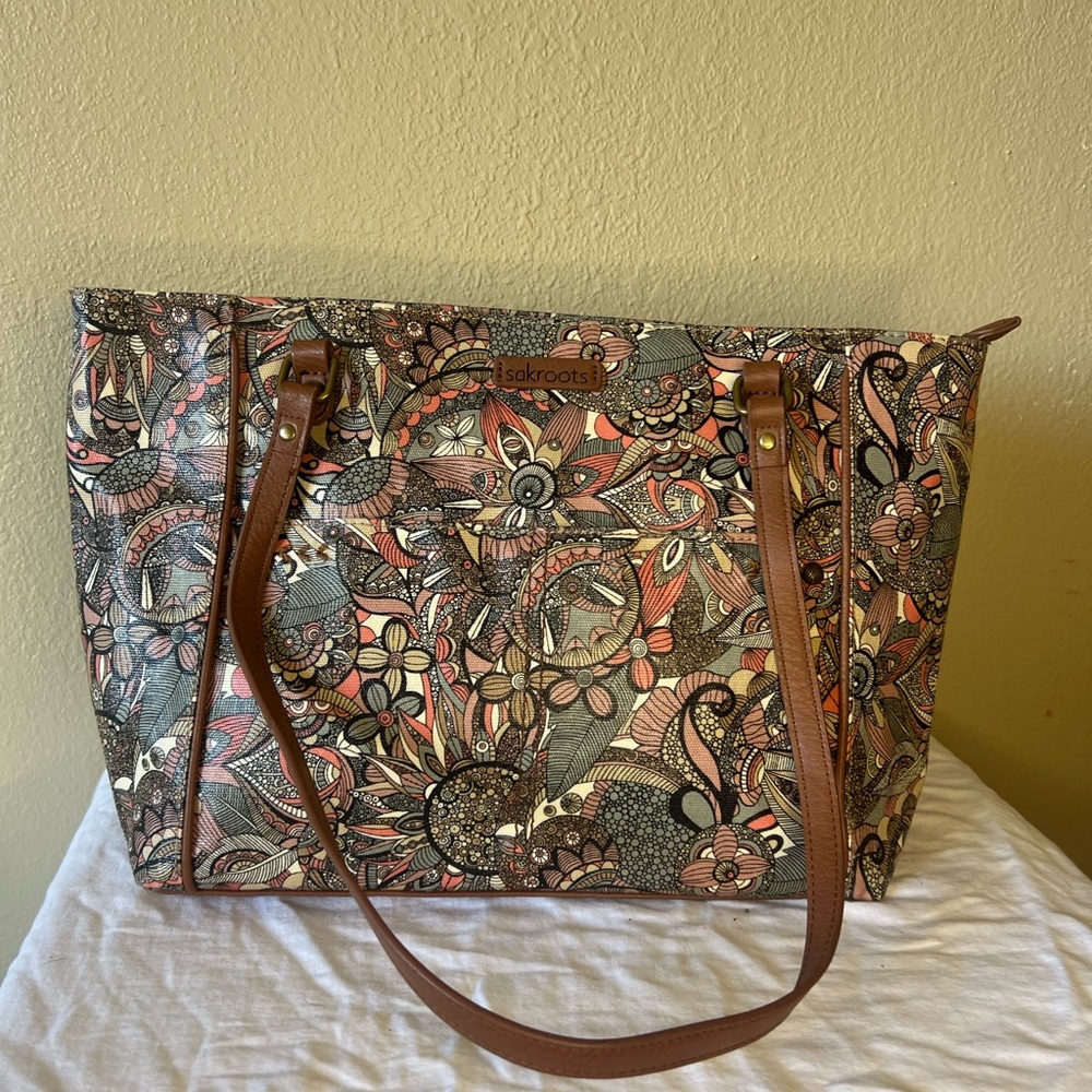Sakroots Floral Print Tote in Coral, Tan, Black & Cream